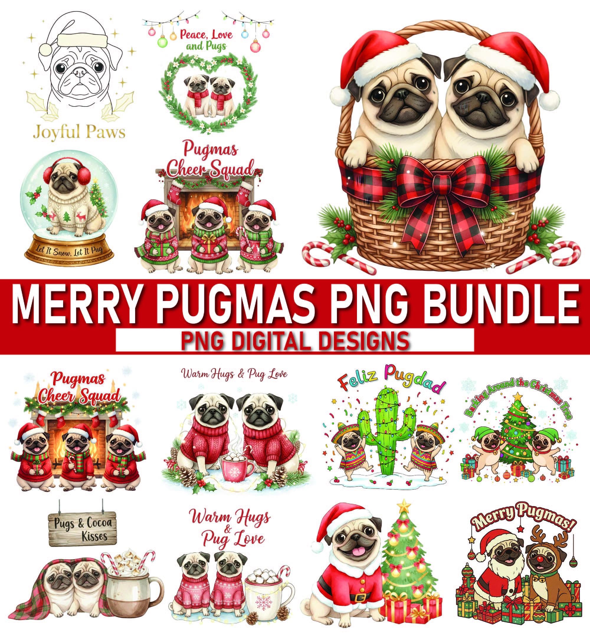 Merry Pugmas PNG Bundle – Christmas Pug Clipart Sublimation, Festive ...