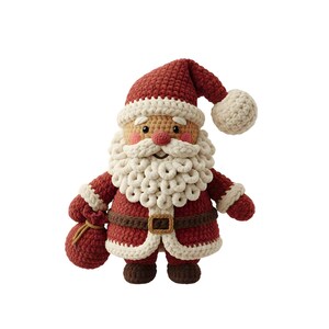 Op de afbeelding: Gehaakte kerstmanpop met een rood pak en muts, een witte baard en bies en een bruine riem. Het heeft ook roze wangen en een kleine rode zak. Een feestelijke kerstversiering.