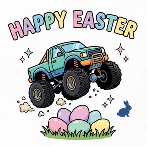 Könnte beinhalten: Cartoon-Illustration mit dem Text "HAPPY EASTER" über einem tealfarbenen Monstertruck, der über bunte Ostereier springt. Eine blaue Kaninchensilhouette befindet sich rechts von den Eiern. Der Hintergrund ist weiß.