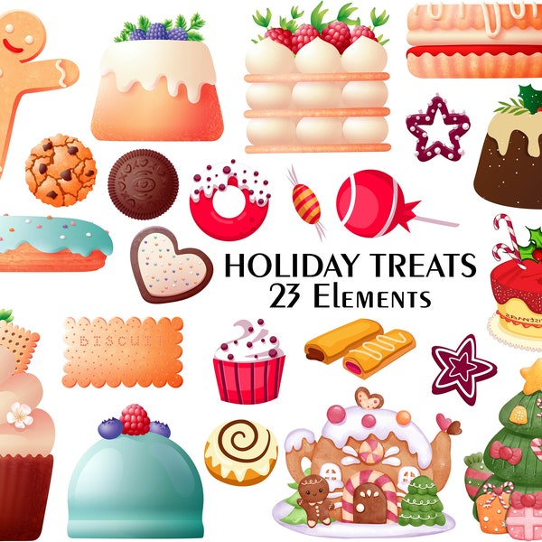 Watercolor Christmas Clipart, Holiday Desserts, Xmas Sweets Gingerbread Candy, Cookies, Cake, Cupcake Instant Download PNG