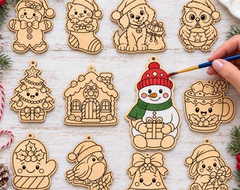 Christmas Ornament Painting Kit Designs, Laser Cut Files, Xmas Coloring Kids Wooden Sign Laser Cut File Digital Download