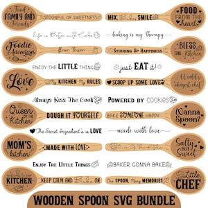 May include: A collection of wooden spoons with various phrases and graphics, including "Food, Family and Friends," "Love," and "Queen of the Kitchen." The spoons are light brown with black text and designs.