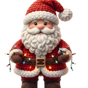 May include: A crocheted Santa Claus figure, dressed in a red suit with white trim, a matching hat, and a large white beard. He holds a string of colourful Christmas lights. The figure has a brown belt and boots.