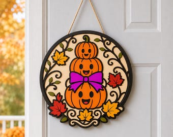 Halloween Door Hanger SVG, Stacked Jack O Lantern Round Sign, Cute Pumpkin Fall Laser Cut File, Glowforge Cricut Download