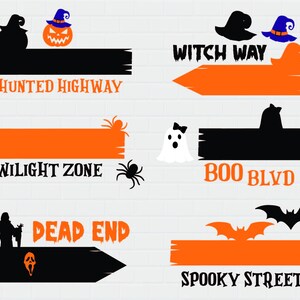 May include: Set of 6 Halloween-themed wooden signs with orange and black paint. The signs feature spooky text like "Haunted Highway", "Twilight Zone", "Boo Blvd", "Witch Way", "Dead End", and "Spooky Street".
