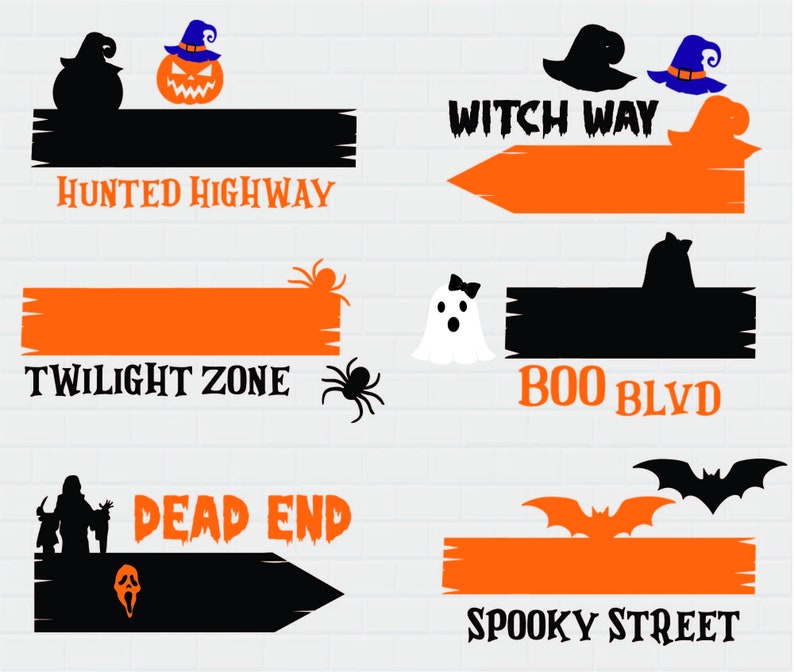 May include: Set of 6 Halloween-themed wooden signs with orange and black paint. The signs feature spooky text like "Haunted Highway", "Twilight Zone", "Boo Blvd", "Witch Way", "Dead End", and "Spooky Street".