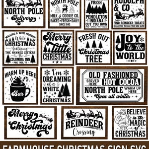 Könnte beinhalten: Eine Sammlung von Weihnachtsschildern im Landhausstil mit verschiedenen festlichen Phrasen und Bildern. Designs umfassen den Weihnachtsmann, Rentiere, Weihnachtsbäume und Weihnachtsgrüße wie "Frohe Weihnachten". Die Schilder sind in Schwarz und Weiß.