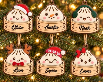 Christmas Dumpling Name Ornament SVG Bundle | Kawaii Bao Bun Designs, Glowforge Layered Laser Cut Files | Christmas Decor PNG
