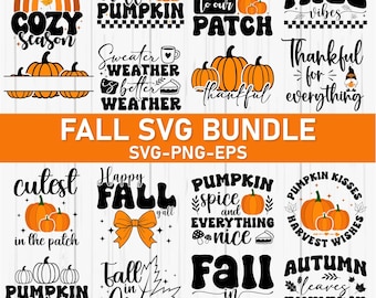 May include: A collection of fall-themed SVG designs featuring pumpkins, leaves, and autumn phrases. The designs include phrases like "Hello Pumpkin," "Fall Vibes," and "Pumpkin Spice." The color palette includes orange, black, and white.