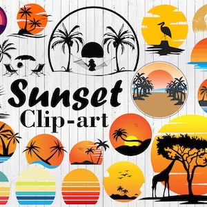 Paquete SVG de atardecer, clipart de atardecer retro vintage, palmeras de playa, archivo digital de descarga instantánea para impresión por sublimación para uso comercial