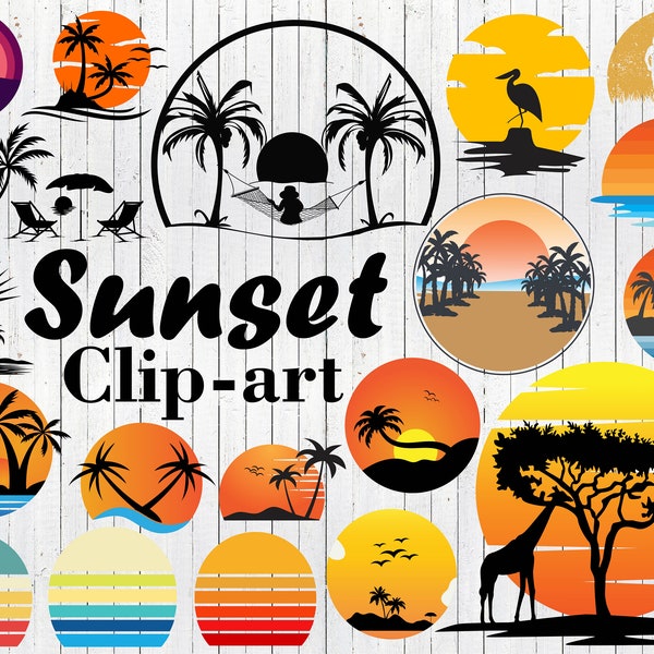 Sunset SVG Bundle, Retro Vintage Sunset Clipart, Beach Palm Trees, Instant download digital file for sublimation printing for Commercial use