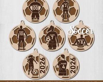 Soccer Ornaments SVG Bundle, Soccer Laser Cut Files, Personalized Name & Number, Digital Download