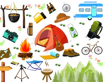 Camping clipart, Spring Tour Camping ,  Summer Travel Camp Graphics Outdoor Clip Art, Camping Boy Girls Tent Graphic Images SVG Bundle