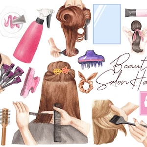 Clipart de peluquería en acuarela - Ilustraciones de peluqueros y estilistas - Conjunto de accesorios de belleza y moda - Descarga instantánea - Paquete SVG