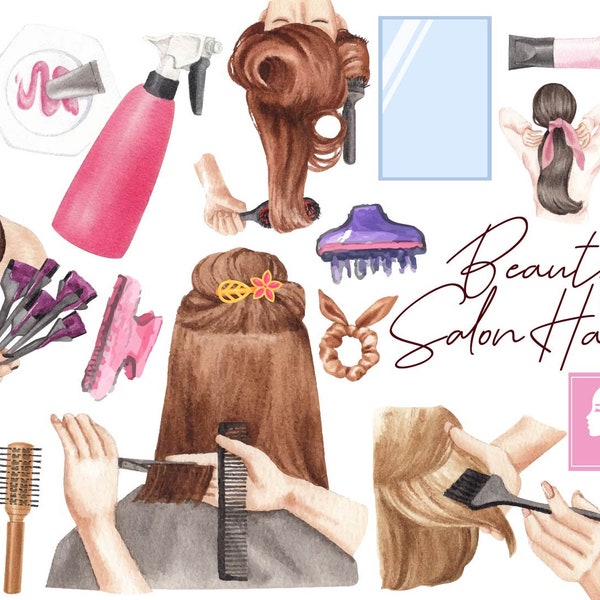 Watercolor Hair Salon Clipart - Hairdresser Hair Stylist Illustrations - Beauty and Fashion accessories set Instant Download SVG Bundle