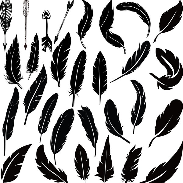 Feather SVG Bundle, Feather silhouette Clipart, Feathers Cut File, Hand Drawn Feather Cut Files / Files for Cricut, Instant Download Vector