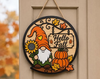 Letrero de puerta "Hola Otoño" en formato SVG, diseño de calabaza gnomo en capas cortado con láser.