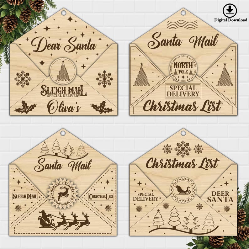 K&ouml;nnte beinhalten: Vier h&ouml;lzerne Weihnachtsornamente in Form von Briefumschl&auml;gen mit einer Klappe, die sich &ouml;ffnen l&auml;sst. Jedes Ornament hat ein anderes Design mit einem Weihnachtsmotiv. Die Ornamente zeigen die Aufschriften "Lieber Weihnachtsmann", "Weihnachtspost", "Schlittenpost" und "Weihnachtsliste".