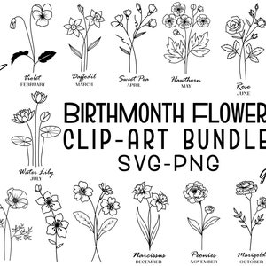 Geboortemaand Svg-bundel | Geboortemaand bloemen svg | Geboorte bloem Svg | Bloemen bruiloft verjaardag botanisch silhouet | Directe download-png
