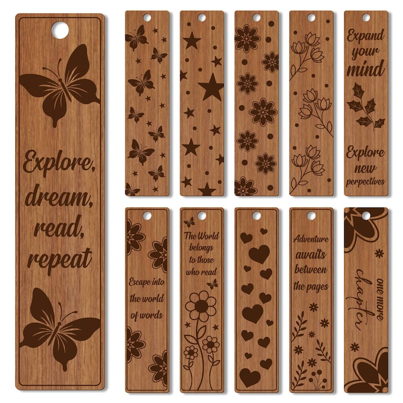 K&ouml;nnte beinhalten: Set mit 10 Holz-Lesezeichen mit verschiedenen Designs, darunter Schmetterlinge, Sterne, Blumen und inspirierende Zitate. Die Lesezeichen sind lasergeschnitten und haben eine nat&uuml;rliche Holzoptik. Die Zitate beinhalten "Erkunden, tr&auml;umen, lesen, wiederholen", "Erweitere deinen Geist", "Die Welt geh&ouml;rt denen, die lesen", "Abenteuer wartet zwischen den Seiten", und "Noch ein Kapitel".