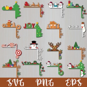 Lot de bordures de porte de Noël SVG, accroche-porte de Noël SVG, Svg de coins de porte de Noël, décorations de Noël, fichier de coupe Glowforge déco de vacances