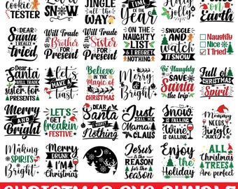 Op de afbeelding: Een set van 20 kerstthema SVG-ontwerpen met verschillende feestelijke spreuken en illustraties. De ontwerpen bevatten zinnen als "Let it Snow", "Jingle All the Way", "Merry and Bright" en "Believe in the Magic of Christmas".