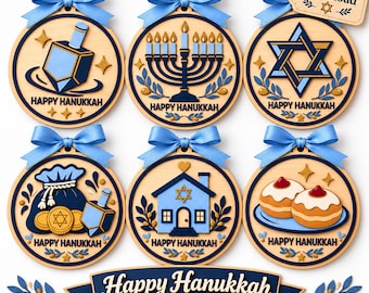 Hanukkah Ornament SVG Bundle, Jewish Holiday Cut Files, Menorah Dreidel Star of David Laser Cut Files, Happy Hanukkah PNG