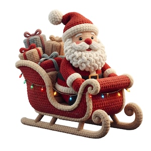 May include: A crocheted Santa Claus figure in a red sleigh filled with wrapped gifts. Santa wears a red suit, hat, and has a white beard. The sleigh is decorated with a string of colorful lights, perfect for Christmas decor.