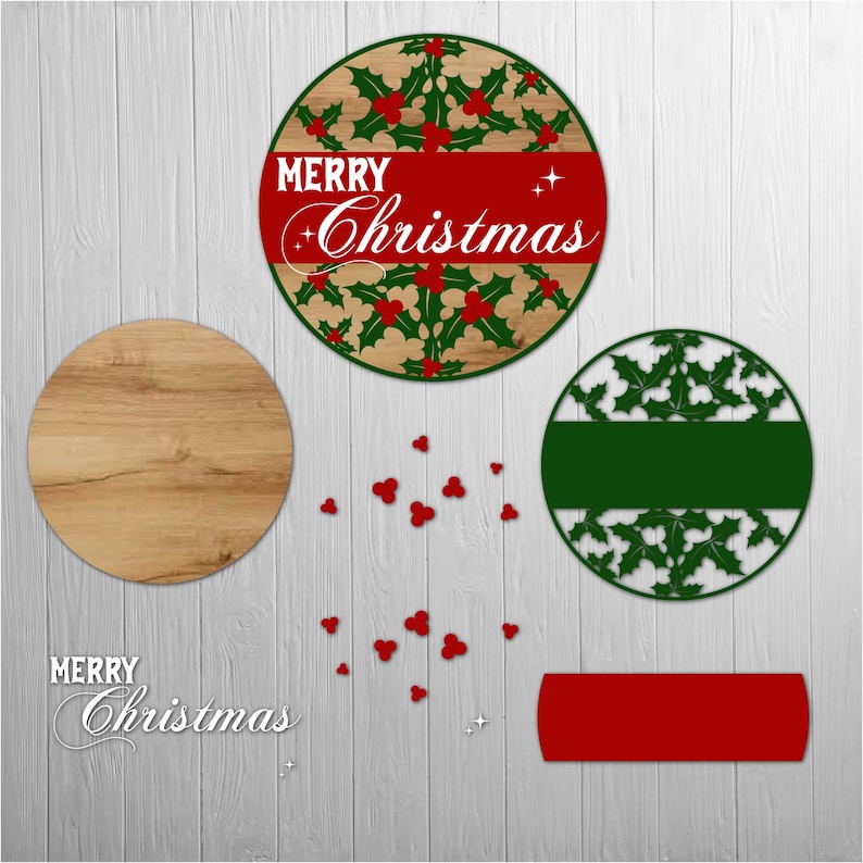 May include: Christmas-themed wooden cutouts and accents. The design includes a round wooden cutout, a round cutout with a holly pattern, and a round cutout with the text "Merry Christmas". Additional red holly berry accents complete the festive arrangement.
