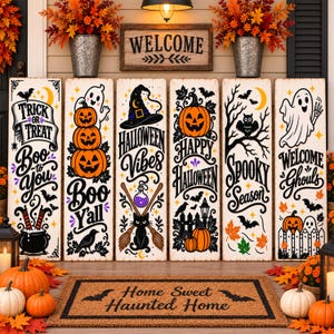 May include: Six vertical wooden porch signs featuring Halloween themes like pumpkins, ghosts, cats, and bats, with text including Trick or Treat, Boo to You, Boo Yall, Halloween Vibes, Happy Halloween, Spooky Season, and Welcome Ghouls, plus a doormat.