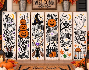 Halloween Porch Sign SVG Bundle, Spooky Porch Leaner Designs, Trick or Treat Boo Yall Welcome Ghouls, Laser Cut PNG Files