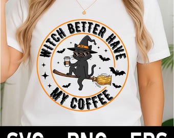 Witch Coffee PNG: Spooky Halloween Cat Design (Digital Download