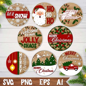 May include: A collection of round Christmas-themed designs. Each design features festive elements like snowflakes, Santa Claus, holly, and a red truck carrying a Christmas tree. Text includes "Let it Snow," "Merry Christmas," and "Welcome to our Jolly Chaos."