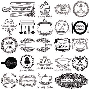 May include: A selection of monochrome kitchen-related illustrations. Features a chopping board, cupcake, chef's hat, various utensils, rolling pin, bowls, cake, jars, teapot, and floral wreaths. Each design includes the text "[NAME] Kitchen".