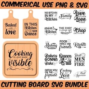 May include: A set of 15 kitchen-themed SVG files for cutting boards. The designs feature various kitchen-related sayings, including "Baked with love", "In this kitchen we dance", "Cooking is love made visible", "No bitchin' in my kitchen", "Mom's kitchen", "Family gathers here", "Love kitchen love food", "The chef is always right", "Chop like it's hot", "Baking queen", "Food family and friends", "Kitchen", "Bakers gonna bake", "Queen of the grill", "Real men play with fire", "Catch you on the flipside", "Cooking is love", "Bon appetite".