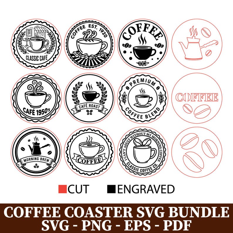 Puede incluir: Un conjunto de dise&ntilde;os de posavasos con tem&aacute;tica de caf&eacute; en blanco y negro. Cada posavasos circular presenta tazas de caf&eacute;, granos y texto como "Classic Cafe" y "Cafe Roast". La imagen tambi&eacute;n incluye el texto "COFFEE COASTER SVG BUNDLE".