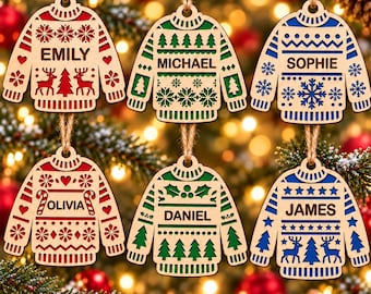 Personalized Christmas Sweater Ornaments SVG, Designs Layered Laser Cut File, Red Green Blue Ugly Sweater Name Tag, Glowforge Ready