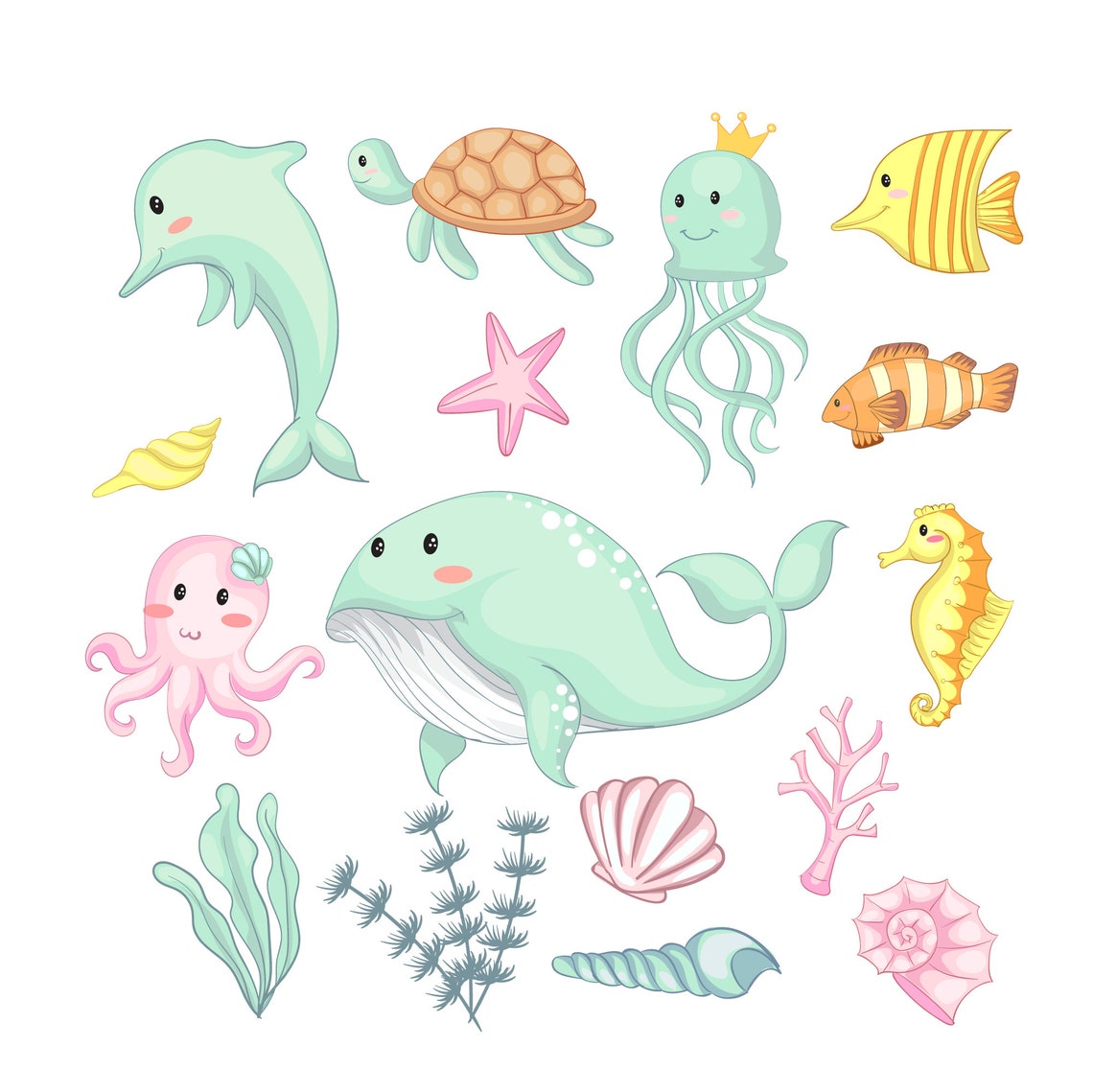 Sea Animal Clipart Set of Cute Sea Animals Ocean Undersea - Etsy