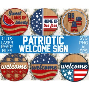 Paquete de letreros láser patrióticos, colgador de puerta redondo de EE. UU. en formato SVG, lima láser Glowforge, SVG del Día de la Independencia, archivos SVG de decoración del 4 de julio para Cricut