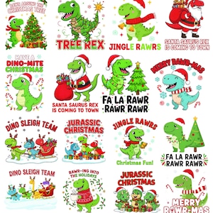 May include: A selection of festive dinosaur illustrations. Each design showcases a cartoon dinosaur adorned with Christmas elements such as Santa hats, trees, and candy canes. Text includes phrases like "Merry Rawr-mas" and "Jurassic Christmas."