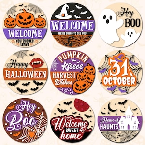 Halloween deurhanger SVG-bundel, Halloween rond bord PNG, Halloween-welkomstbord, Spooky Svg, lasergesneden bestanden, Glowforge SVG