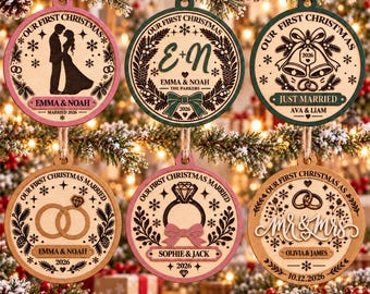 Personalized First Christmas Married Ornament SVG, Custom Names & Year, Digital Cut File