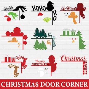 May include: A selection of Christmas door corner decorations. Designs include the Grinch, gingerbread men, Christmas trees, reindeer, gifts, and the phrases "Merry Christmas" and "Christmas Wishes".