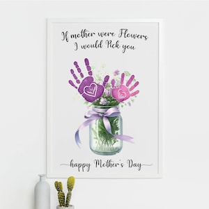 Arte con huella de flores para mamá, arte con huella de flores para el Día de la Madre, manualidad con huella de flores para niños, huella de mano de recuerdo para bebé, regalo infantil para mamá
