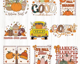 Ensemble PNG Retro Fall Vibes : Action de grâces, citrouilles, feuilles d'automne