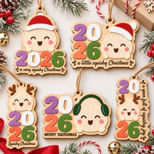 May include: Five wooden Christmas ornaments featuring cartoon dumplings with smiling faces, some wearing Santa hats or earmuffs. Each ornament displays the year 2026 in colorful numbers and text including a very squishy Christmas, a little squishy Christmas, Merry Squishmas, and a year full of squishy joy.
