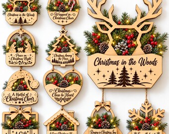 Christmas Hanging Basket SVG Bundle, Greenery Holder SVG - Laser Cut Files Wall Decor, Wooden Wall Pocket PNG Designs