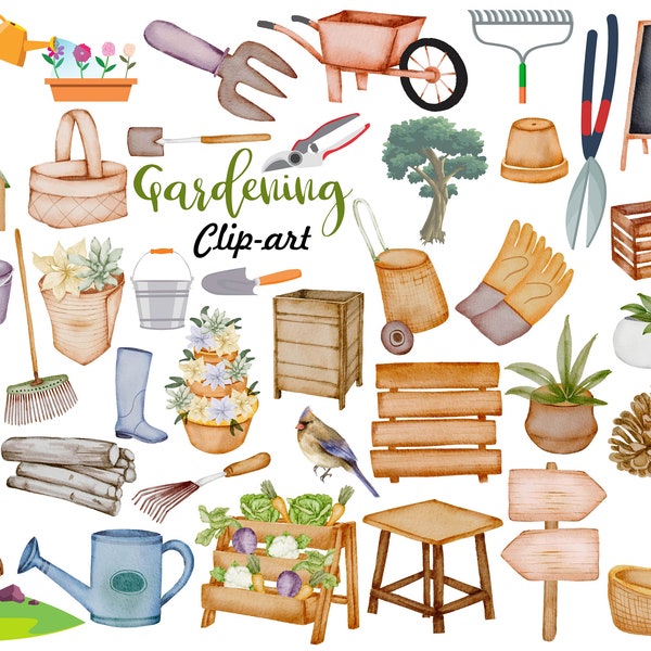 Garden Tools clipart, Watercolor Garden, Vegetables, Shovels, Rakes, Flowers, Pots, Wheelbarrow, Instant Download for commercial Use