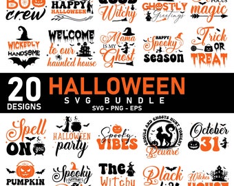 May include: A set of 20 Halloween SVG designs featuring various spooky and fun phrases and images. The designs are in black and orange and include phrases like "The Boo Crew", "Happy Halloween", "Good Witchy", "Ghostly Greetings", "Hocus Pocus Magic", "Welcome to our Haunted House", "Mama is My Ghost", "Happy Spooky Season", "Trick or Treat", "Spell on You", "Halloween Party", "Spooky Vibes", "The Witchy is In", "Black Cat", and "Witches House".