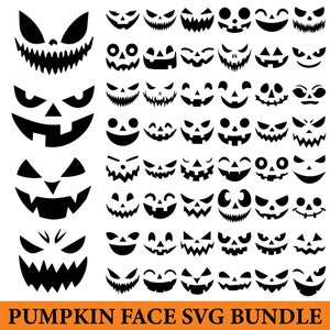 May include: A set of 48 black and white pumpkin face SVG files. The faces are various expressions, including smiling, frowning, and scary.